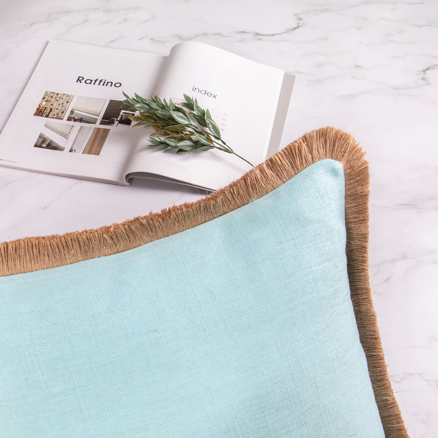Phantoscope Linen Tassel Trimmed Farmhouse Series Decorative Throw Pillow, 18" x 18", Light Blue, 2 Pack