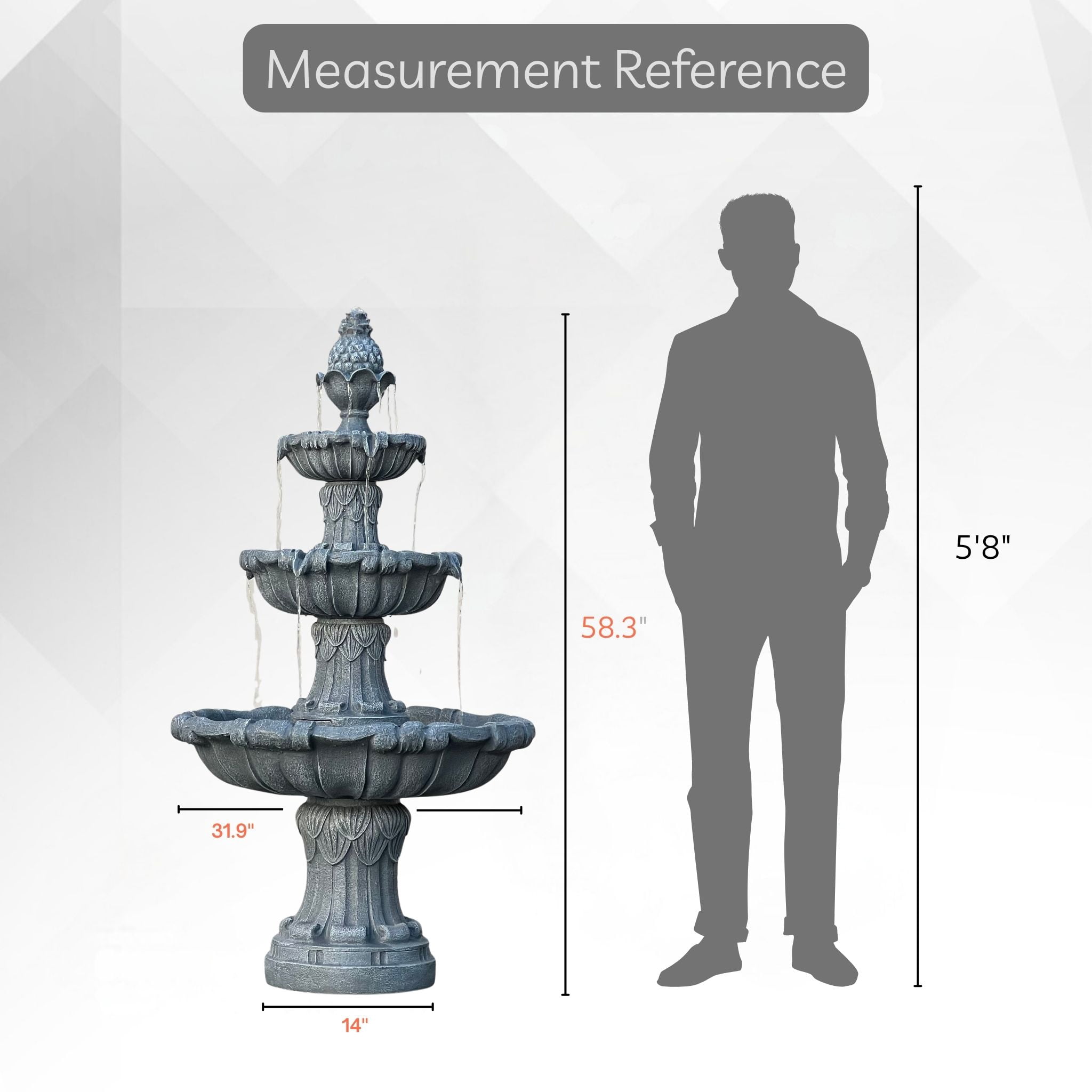 58.3" 3-Tier Electric Outdoor Freestanding Water Fountain - Classic Leaf Design, Gray Resin with Pump
