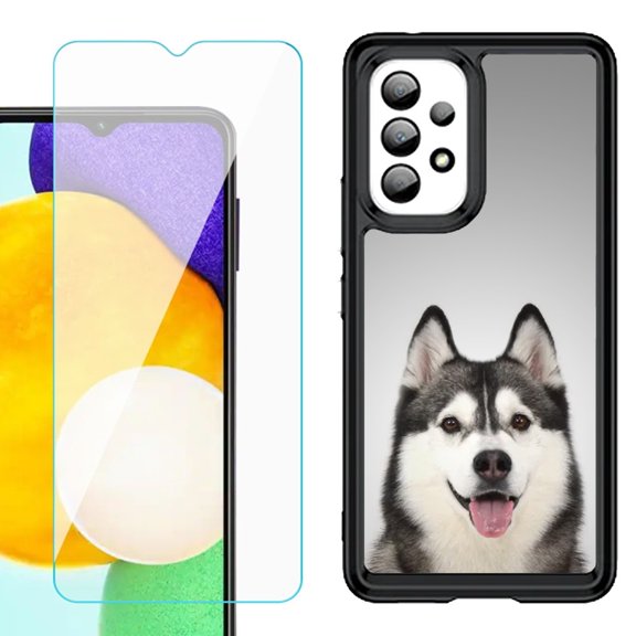Shockproof Bumper (Black Frame) phone Case for Samsung Galaxy A23 5G, with Tempered Glass Screen Protector, by OneToughShield ® - Husky Face