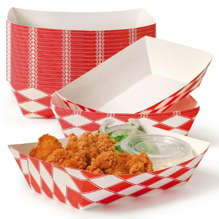 [1000 Pack] 2 lb Heavy Duty Disposable Red Check Paper Food Trays Grease Resistant Fast Food Paperboard Boat Basket for Parties Fairs Picnics Carnivals, Holds Tacos Nachos Fries Hot Corn Dogs