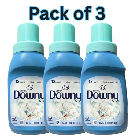 Downy Ultra Fabric Conditioner Cool Cotton Scent, HE Compatible Softener, 10 fl oz (306 mL) Each, 12 Loads Per Bottle, Pack of 3