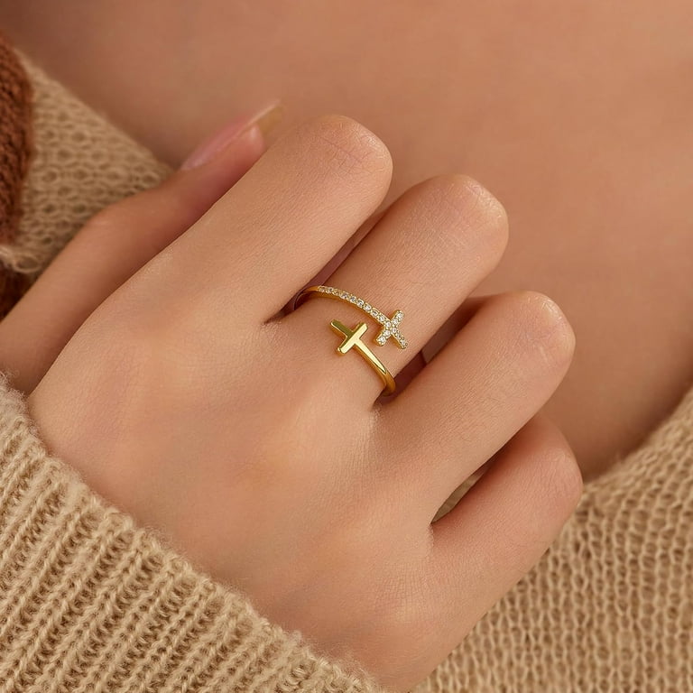 Dainty 14k Gold Plated Cross Rings for Women 925 Sterling Silver