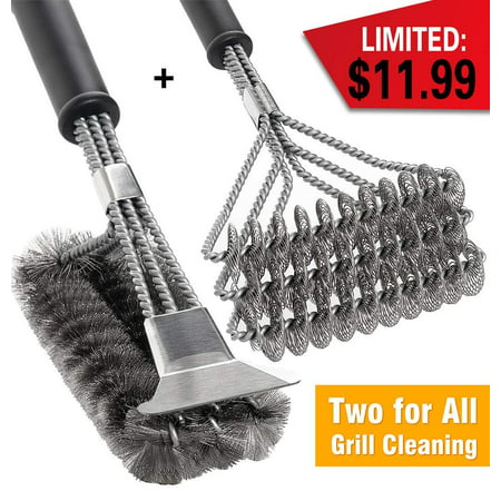 BBQ Grill Brush Set of 2, Safe Grill Cleaning Brush Stainless Steel Bristle Free with Scraper for Porcelain, Cast Iron, Stainless Steel, Ceramic Grill Grate Cooking Grid, 18