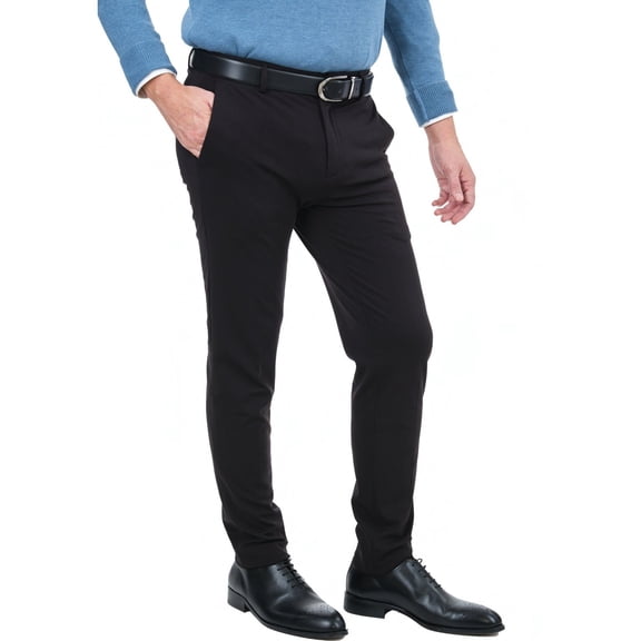 Mazari Mens Solid Black Slim Fit Flat Front 4 Way Stretch Dress Pants