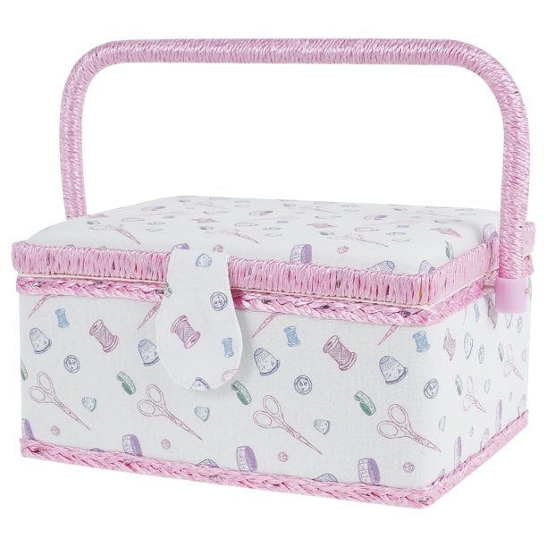 Cesta de Costura con Bandeja Extraíble, Práctica Cesta Organizadora con Bolsillo Interior, Caja de Almacenamiento Portátil para Costura, Elegante Kit de Cesta para Agujas, Cinta de Hilo, Medida