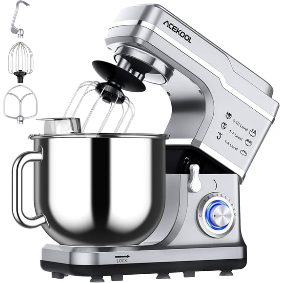 7.5 QT Stand Mixer, 10-Speed Tilt-Head Electric Dough Mixer with Stainless Steel Bowl, Includes Dough Hook, Wire Whisk, and Beater, with Splash Guard for Home Cooks, Silver/Black