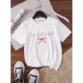 thumbnail image 1 of Stylish White Short-Sleeve T-Shirt with Pink Bow Design - "I'M JUST A GIRL" Print - Loose Fit, Round Neck, Summer Casual Top for Girls, Perfect for School, Outings, and Vacations, Everyday Youngsters, 1 of 6