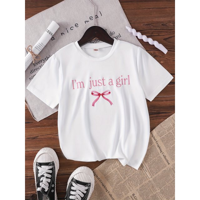 Stylish White Short-Sleeve T-Shirt with Pink Bow Design - "I'M JUST A GIRL" Print - Loose Fit, Round Neck, Summer Casual Top for Girls, Perfect for School, Outings, and Vacations, Everyday Youngsters