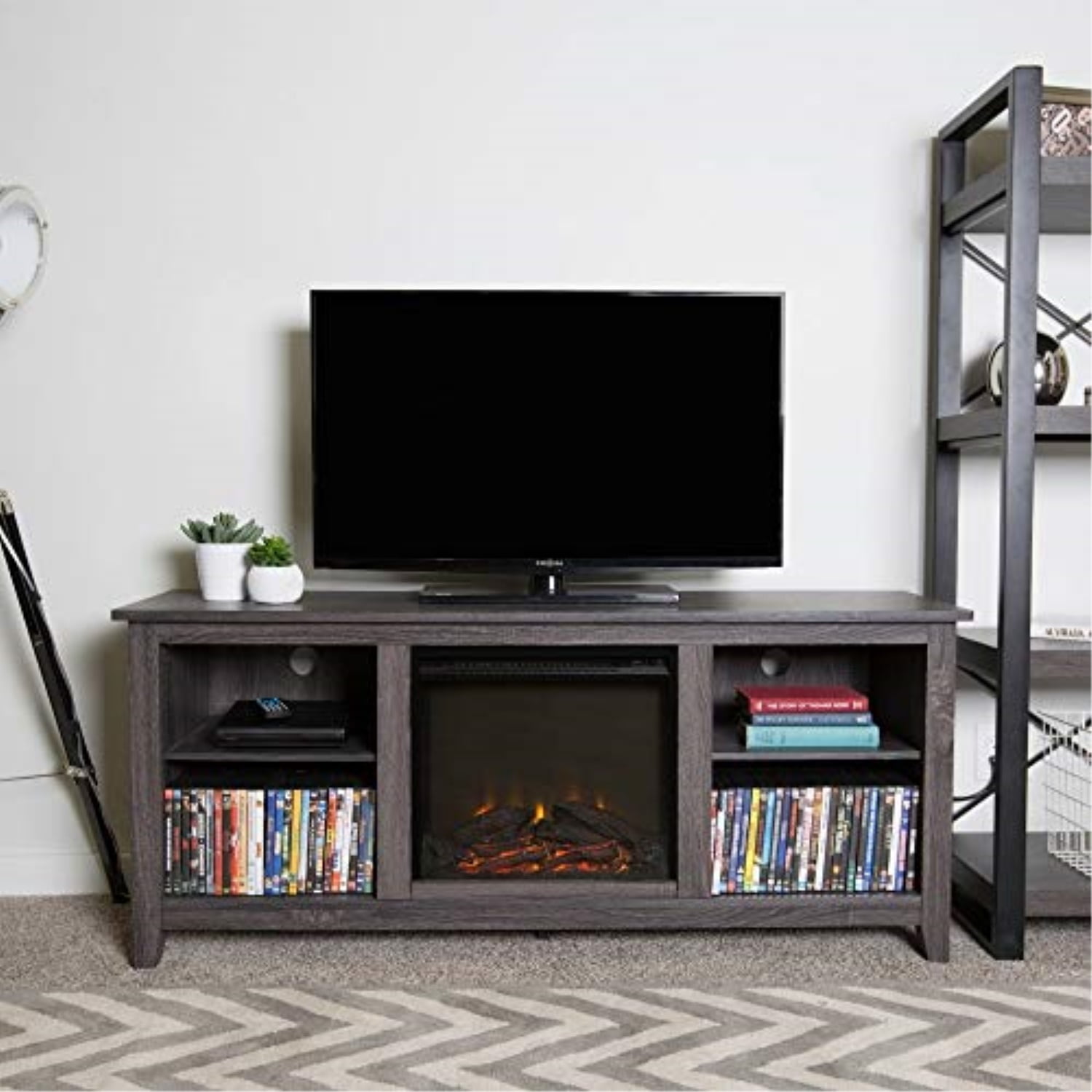 we furniture 58-inch charcoal wood fireplace tv stand ...