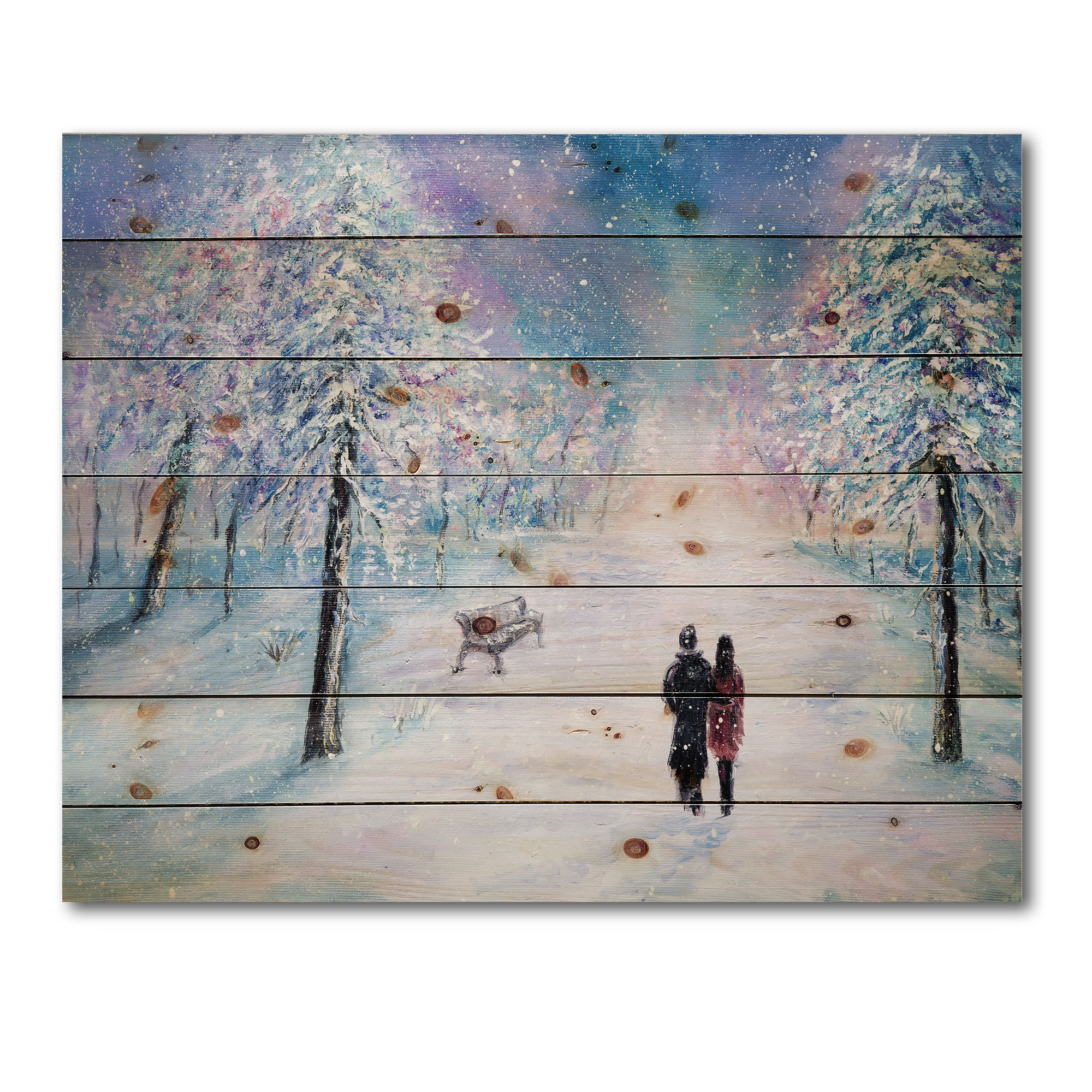 Designart 'Couple In Love Walks During Snowy Winter Times' Traditional Print on Natural Pine Wood