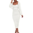 thumbnail image 1 of Mialoley Women's Slim Midi Dress Solid Color Long Sleeve Square Neck Slit Ruched Dress Party Gown, 1 of 9