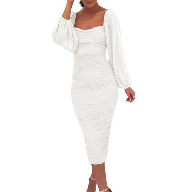 Mialoley Women's Slim Midi Dress Solid Color Long Sleeve Square Neck Slit Ruched Dress Party Gown