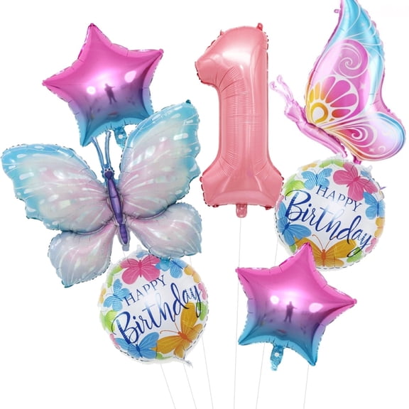 1st Birthday Girl Balloons Butterfly Pink 7 Count, 40 inches
