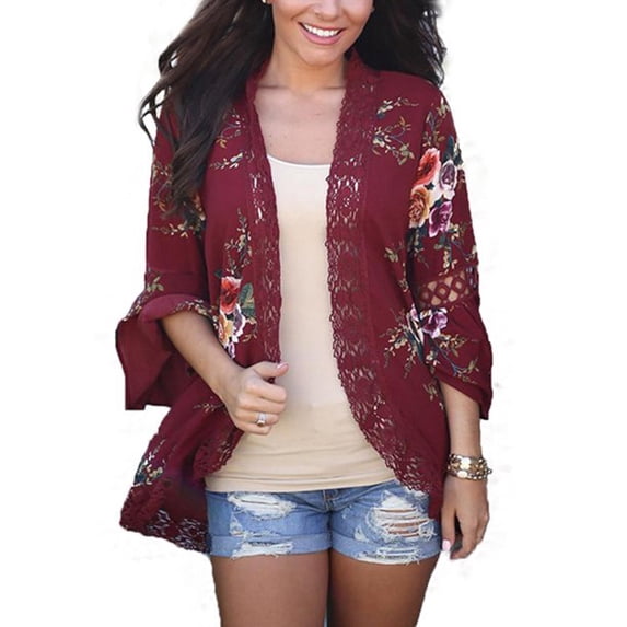 Uhndy Plus Size Women Boho Long Sleeve Kimono Cardigan Open Front Floral Casual Blouse Wine Red XL