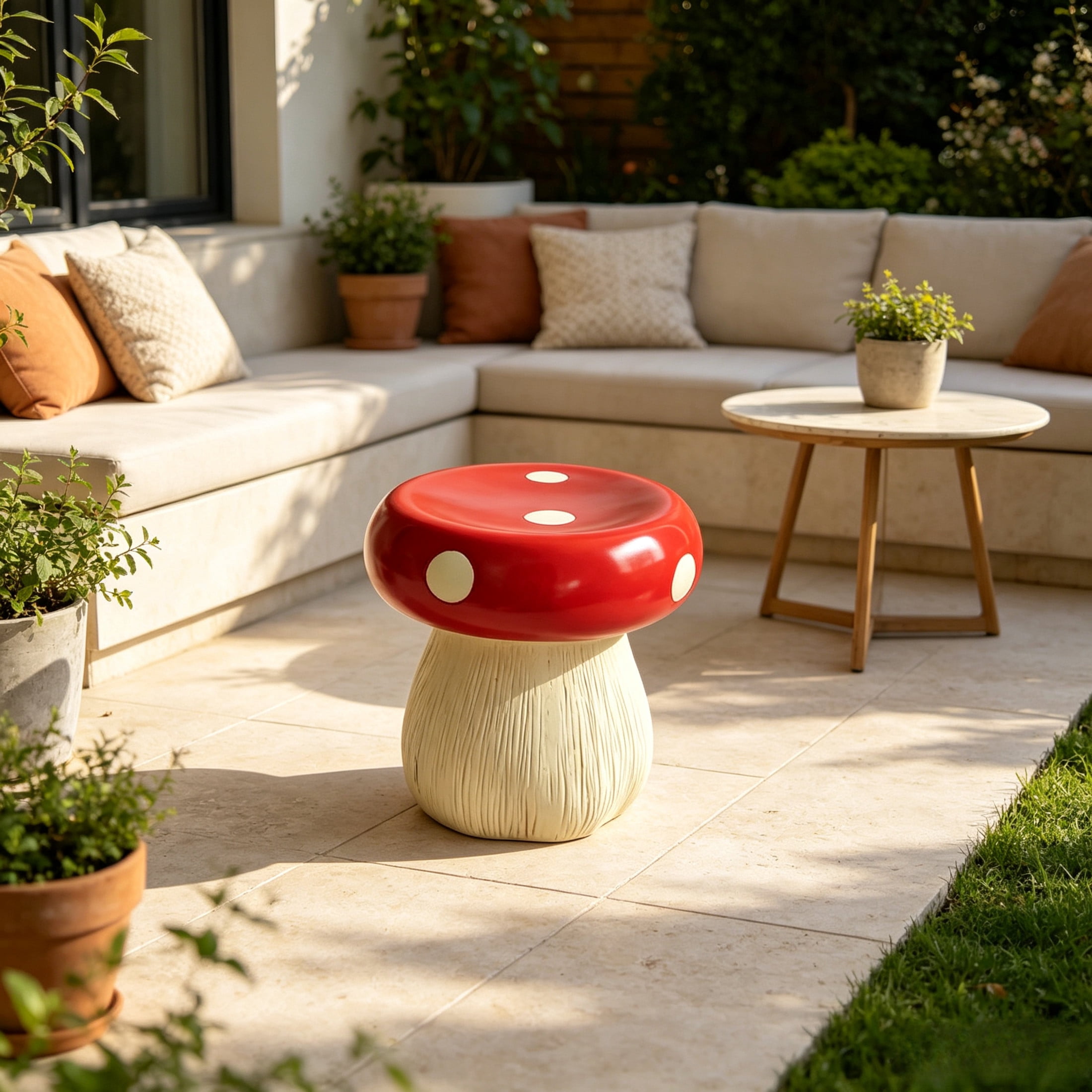 Noble House Art Mushroom Stool, Cute Fairy Decorative Statue, Outdoor Creative Figurine Seat for Patio, Garden, Red