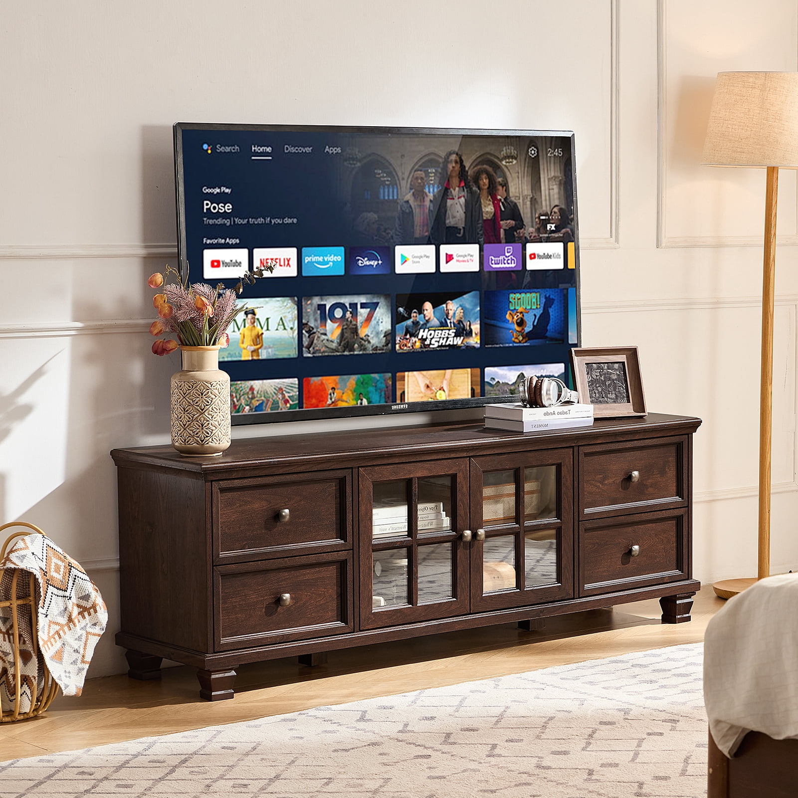 Buildhom Farmhouse TV Stand with Storage, 4-Drawer Rustic Brown Entertainment Center for Living Room, Walnut
