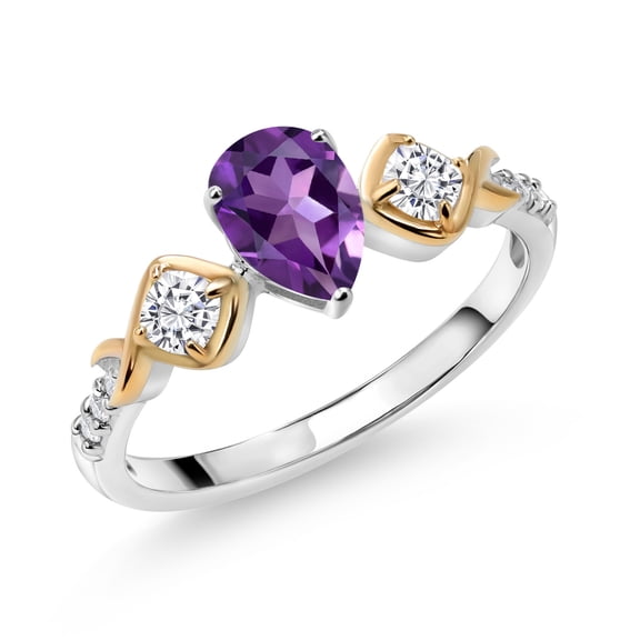 Gem Stone King 925 Silver and 10K Yellow Gold Pear Shape Purple Amethyst White Moissanite and White Lab Grown Diamond Women Ring (0.95 Cttw, Gemstone Birthstone, Size 8)