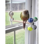 Window Suction Cup Bird Perch Toy for Parakeet, Movable Parrot Stand with Rotating Balls Bells for Window Mirror Glass Mount, Spinning Perch Toy