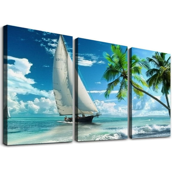 JRXY Beach Painting Blue Summer Ocean Picture 3Pcs Canvas Wall Art Tropical Palm Tree Modern Landscape Artwork Framed for Living Room Bedroom Bathroom Dinning Room 12x16x3pcs