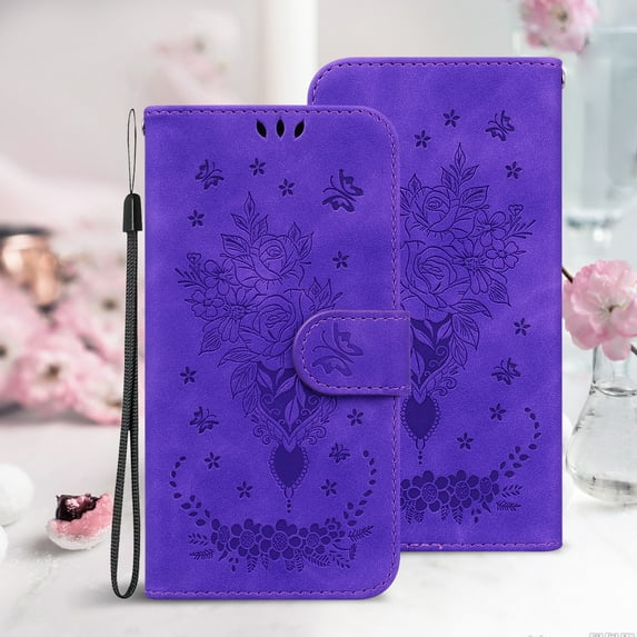 TECH CIRCL Wallet Case Compatible with iPhone 13 Pro (6.1 inch), Premium Rose Butterfly Embossed Design, PU Leather Wrist Strap Magnetic Closure Built-in Kickstand Protective Case, Purple