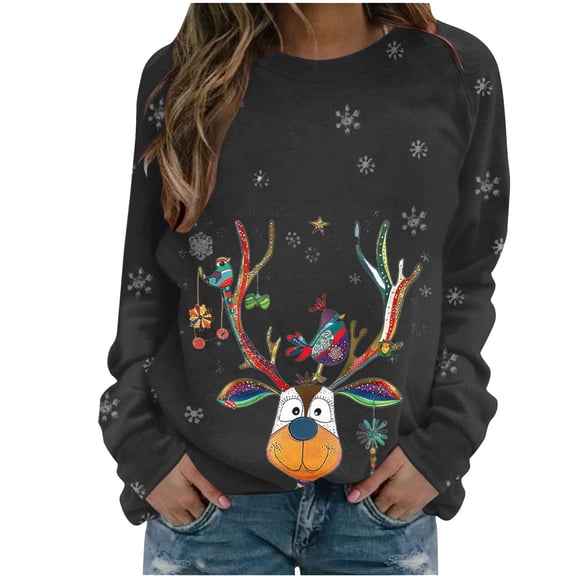 miqiqism Merry Christmas Shirt for Women Comfy Crewneck Funny Reindeer Graphic Sweatshirt Juniors Casual Holiday Long Sleeve Tops Slim Fit Tunic Blouses,B#01_Black,X-Large