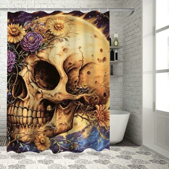 SHERONV Skull Flowers Moon Bathroom Décor Set with Hooks, Graphic Print Polyester Fabric Fashion Shower Curtain Set, Home Bathtubs Bathroom Decoration with Hooks, 100% Polyester Fabric 36"x72