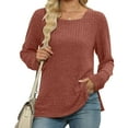 thumbnail image 3 of QUNYINEY Square Neck Womens T Shirts Red Solid Casual Long Sleeve Tops Pullover Split Hem Loose Ribbed Drop Shoulder T-Shirts, 3 of 7