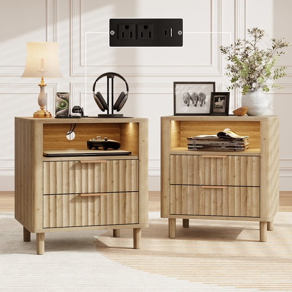 18" Wide Fluted Nightstand Set of 2 with Charging Station Modern Wood Bedside Table with 2 Drawers and Open Shelf, Mid Century End Table for Bedroom Living Room Office, Oak