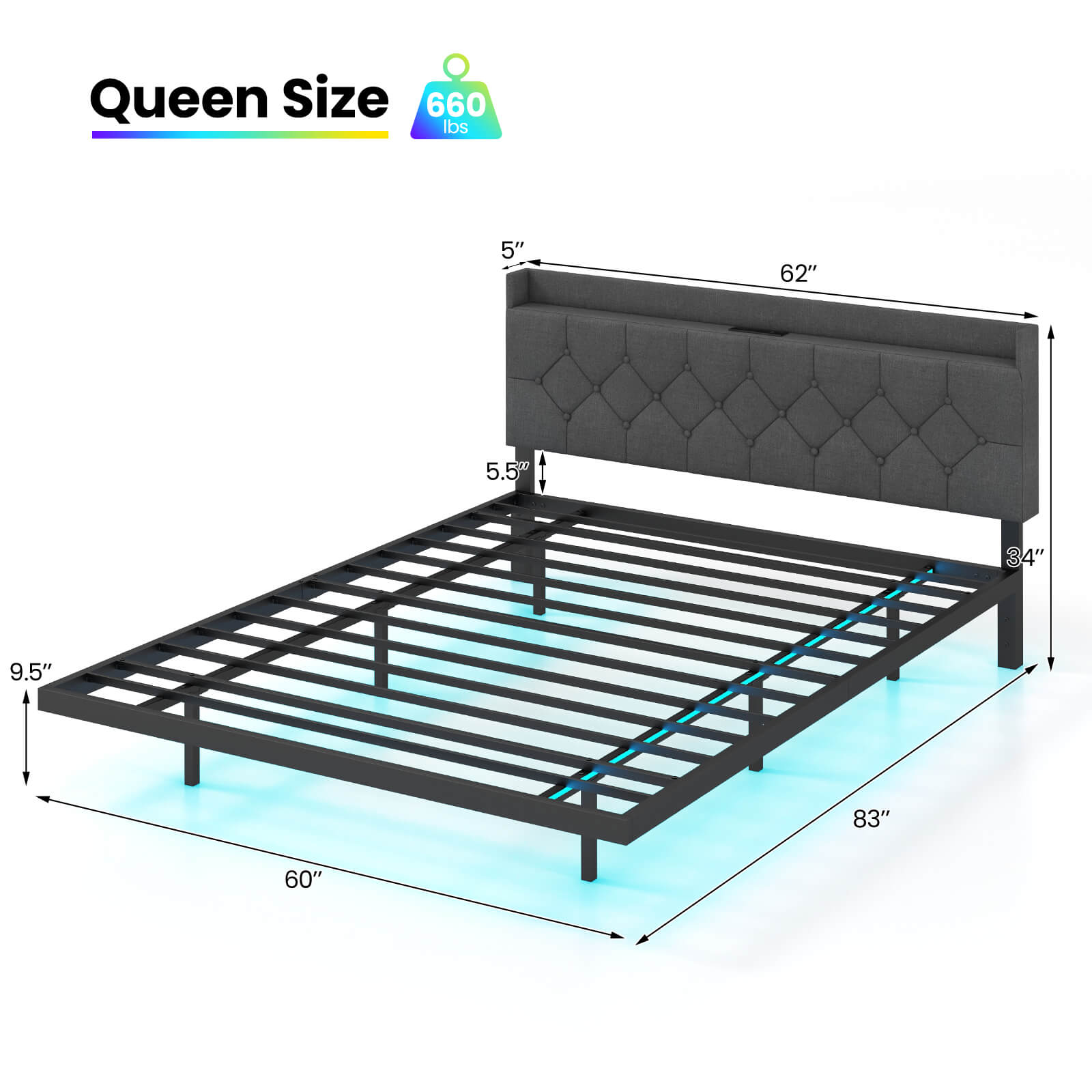 Infans Queen Size Floating Bed Frame with LED Lights Adjustable Upholstered Headboard