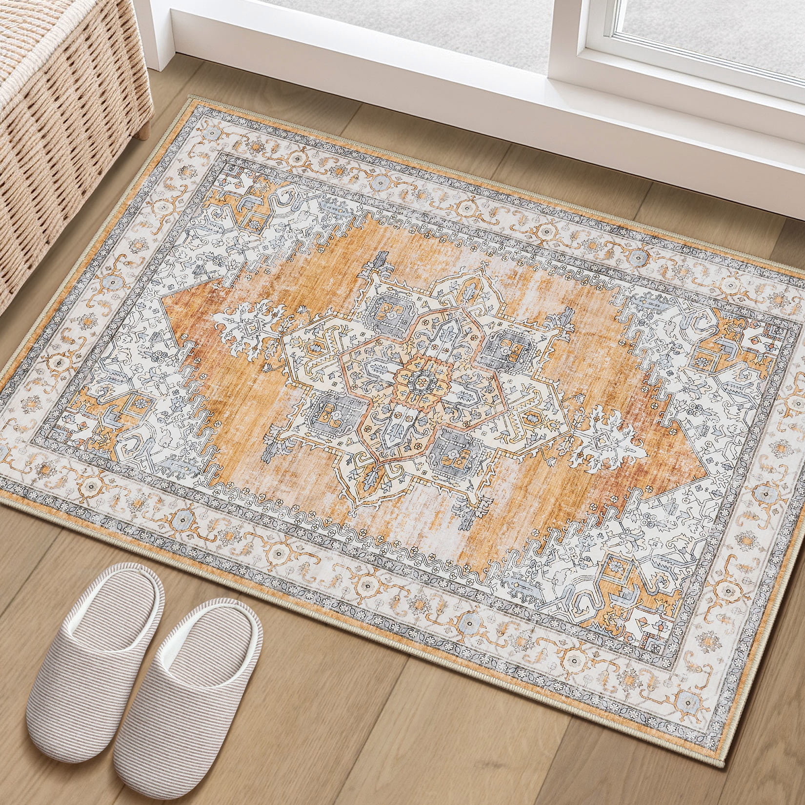 Toyoso 2x3 Machine Washable Area Rug, Soft Polyester Vintage Medallion Distressed Accent Rug, Non-Slip Oriental Floral Carpet, Burnt Orange