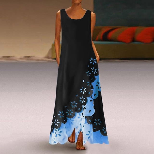 EGNMCR Robes d'Été Femmes Tendance 2024 Femmes Sans Manches Imprimé Col Rond Longue Robe Maxi Robe Chemise de Plage