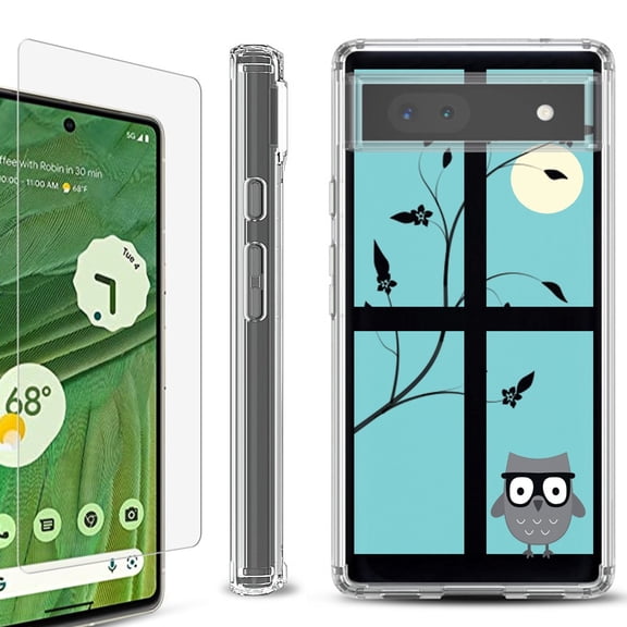 Shockproof Bumper Phone Case for Google Pixel 6a, with Tempered Glass Screen Protector, by OneToughShield ® - Moon Owl