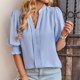 thumbnail image 3 of Estrela Blusa de media manga con farol para mujer, cuello en V, camisas fluidas, color puro, informal, lindo punto, color azul L, 3 of 6