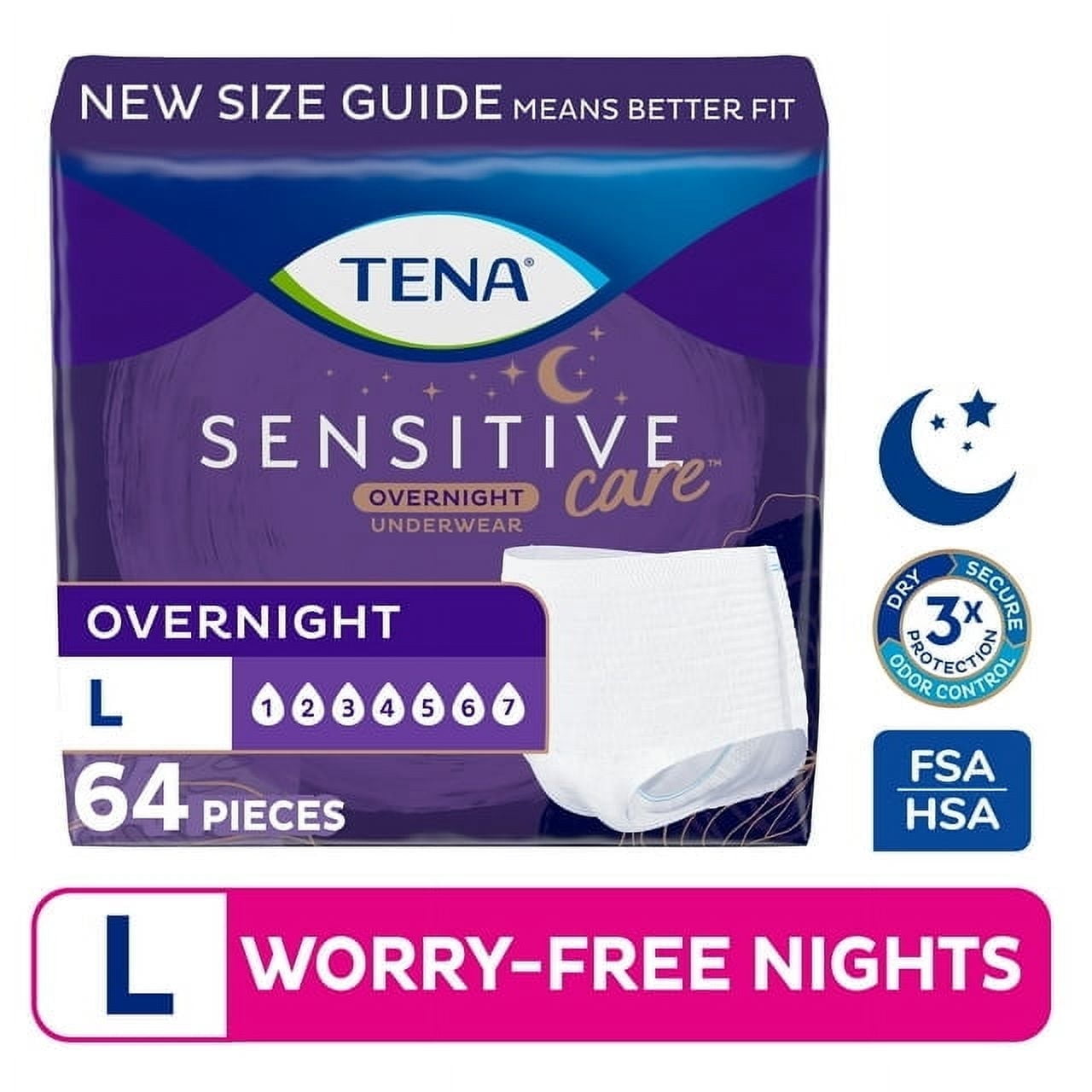 Tena Sensitive Care Overnight Incontinence Underwear for Women Large, 64 Count (2 Pack)