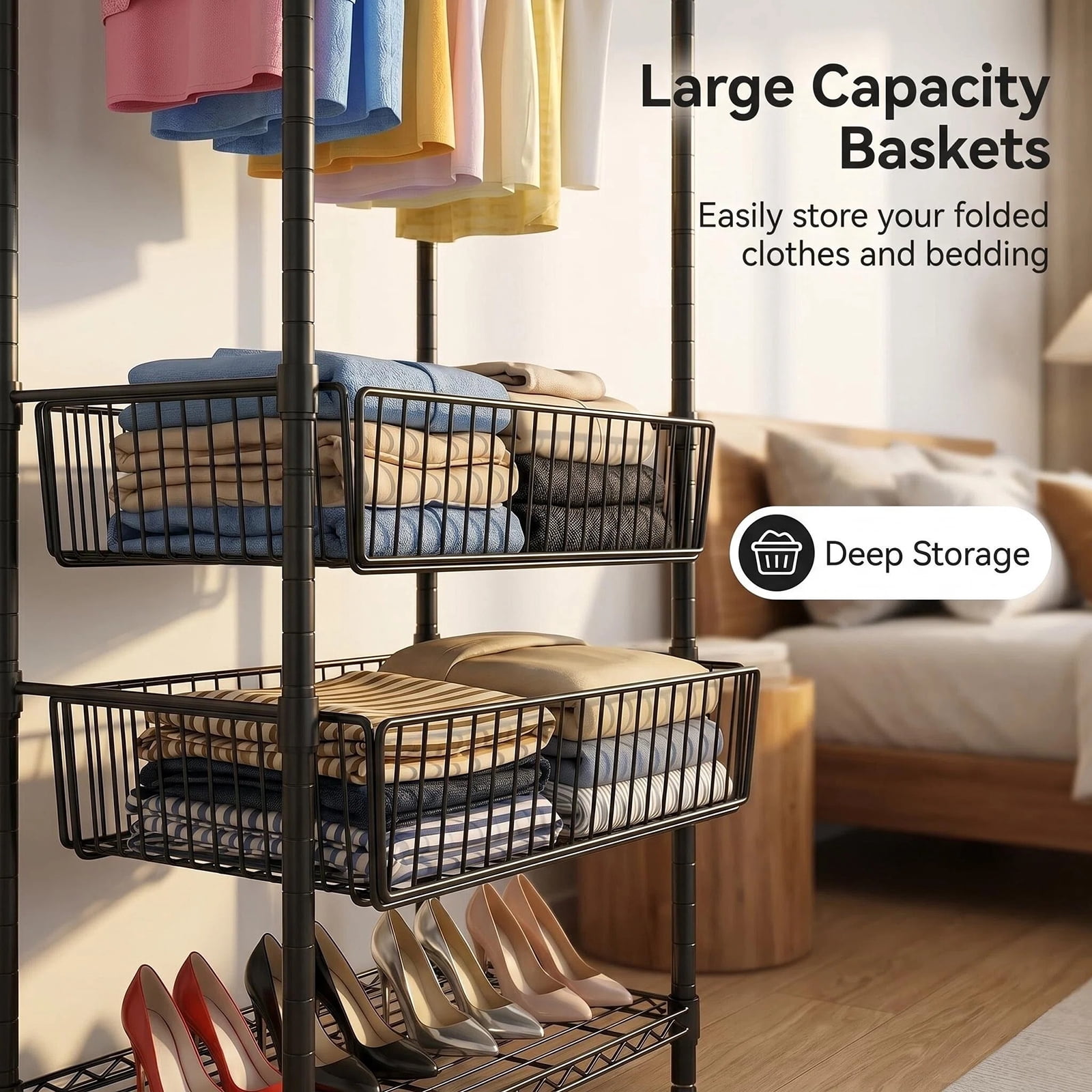 Heavy Duty Clothes Rack with 4 Hanging Rods and 2 Wire Baskets, Freestanding Garment Rack with Adjustable Shelves for Closet and Bedroom, Black