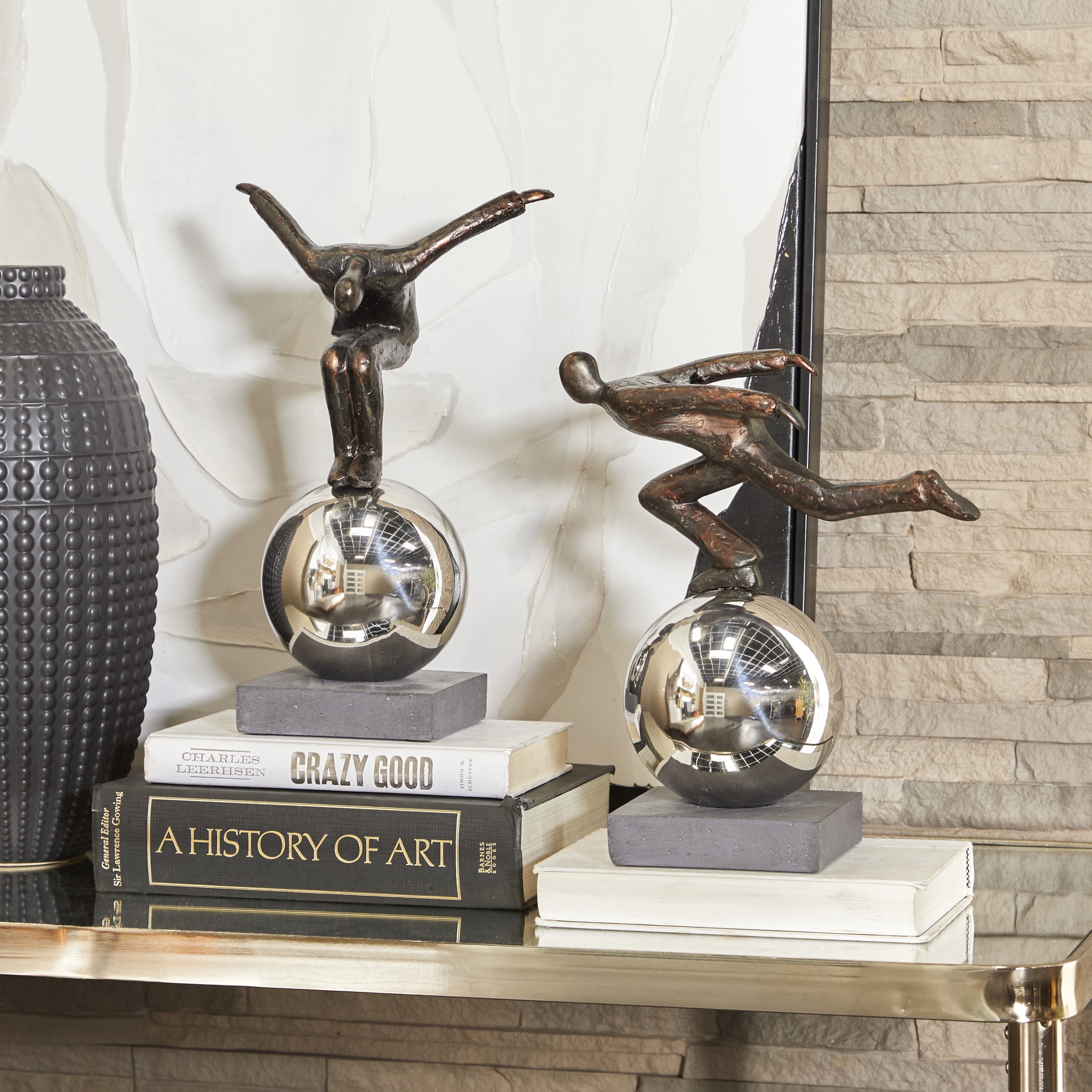13", 14"H Bronze Polystone People Sculpture with Silver Ball Stands, by DecMode (2 Count)