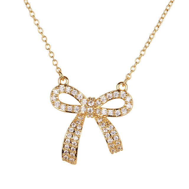 Collar para Mujer con Baño de Oro 14k LuckyLy, Cadena con Dije de Moño Coquette con Zirconia Cúbica, Modelo Linda dorado Unitalla