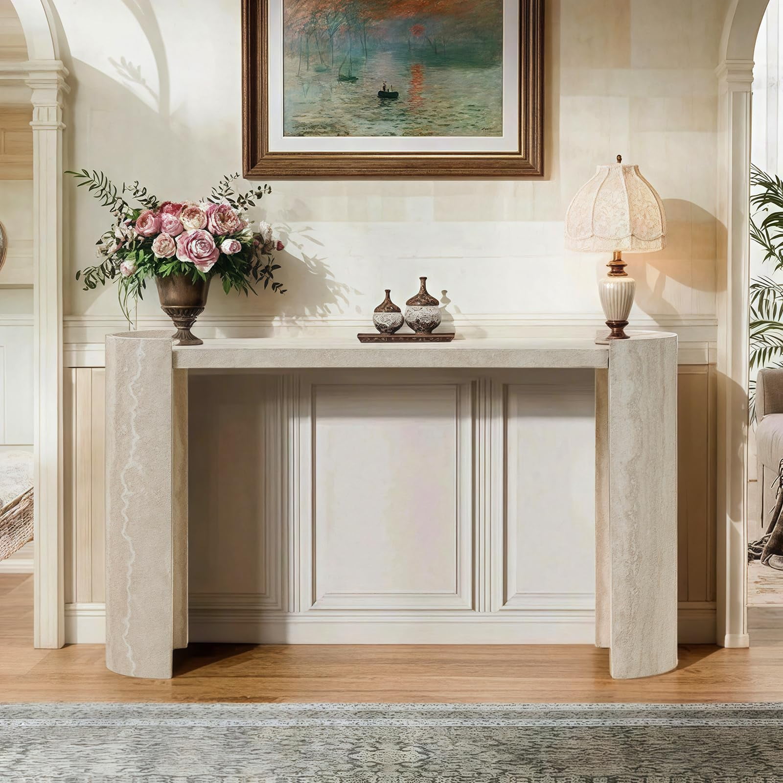 LKTART 53" MDF Console Table for Entryway, Narrow Entryway Table with Faux Mars Marble Pattern, Couch Table Behind Sofa with Curved Legs for Living Room Hallway Foyer
