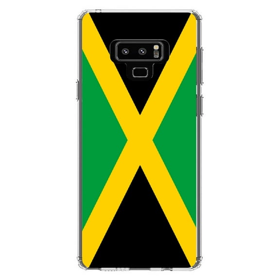 DistinctInk Clear Shockproof Hybrid Case for Samsung Galaxy Note 9 - TPU Bumper, Acrylic Back, Tempered Glass Screen Protector - Jamaica Flag Black Green Yellow - Jamaica