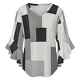 thumbnail image 5 of Vinatge Geometric Abstract Art Black Gray Women's V-Neck Blouse With 3/4 Ruffled Bell Sleeves Casual Top Ladies Blouses, 5 of 7