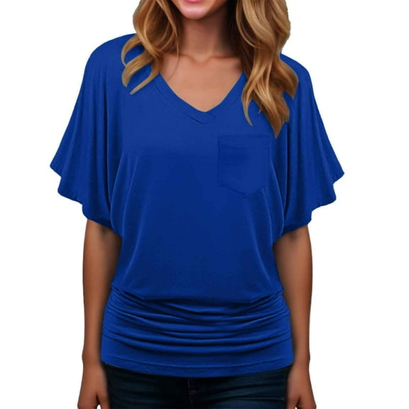 MIXUE Boho Tops For Women Summer Solid Color V Neck Short Sleeve Casual Pullover Shirts For Women Tee Shirts Sportswear,Blue,L