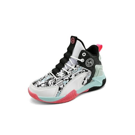 

Lacyhop Kids Running Shoe Durable Basketball Shoes Sport Sneakers Training Fashion Trainers Breathable Lace-up White Black 4Y