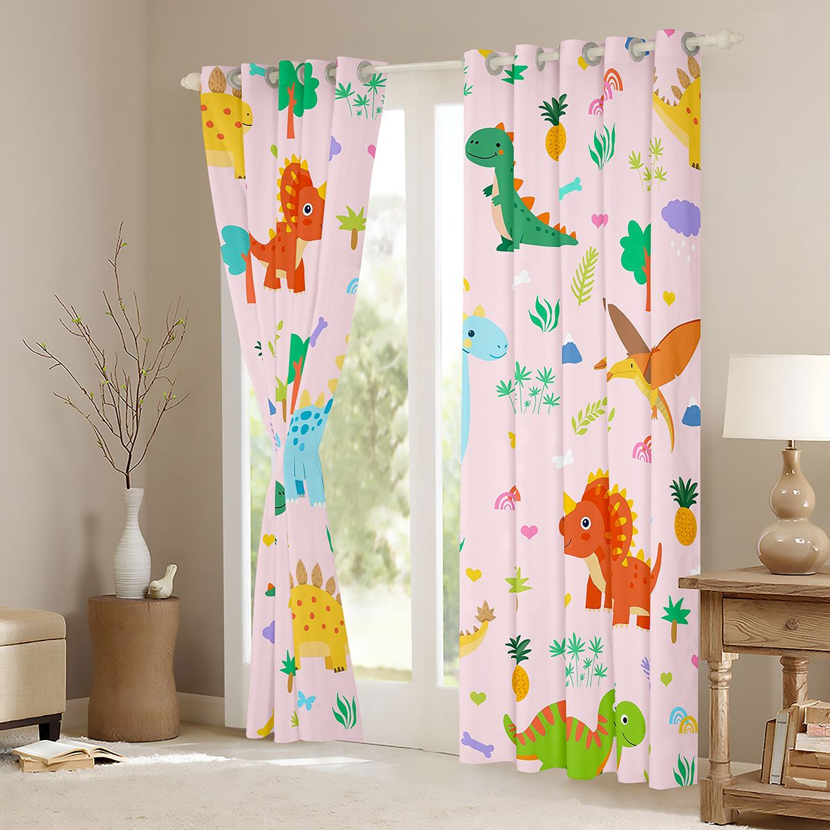 Homewish Kawaii Dinosaur Animal Black Out Curtains, Cartoon Style Curtains Pack of 2 (42x63 Each), Teens Kids Boys Girls Bedroom Curtains, Living Room Curtains Decor