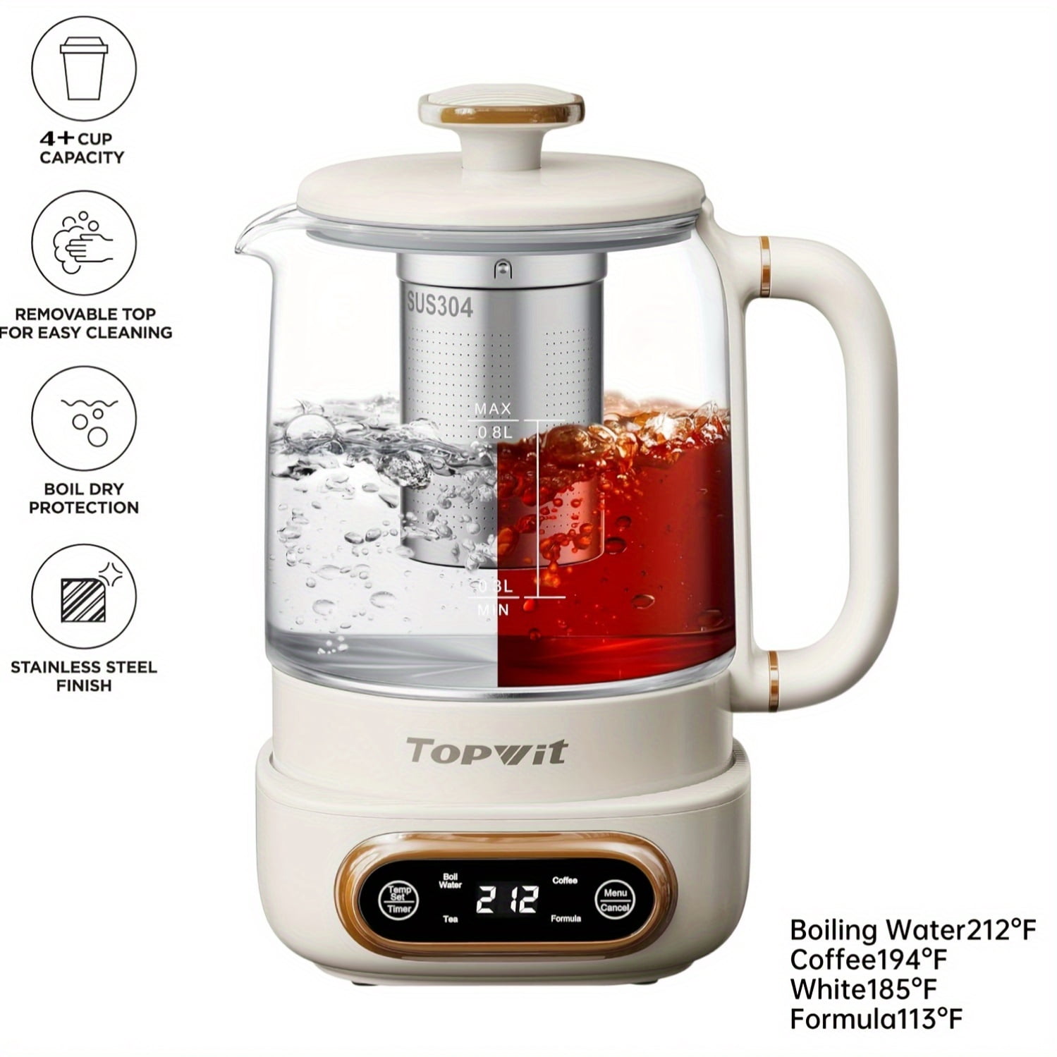 Electric Glass Kettle with Removable Infuser | 0.8L 8-in-1 Programmable Brewer | 11 Temp & 4 Preset Modes