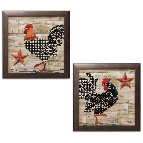 Gango Home Decor Country-Rustic Farmhouse Kitchen Decor | Brown, Red & Cream Rooster & Barnstar; Two 12x12in Art Prints in Brown Frames
