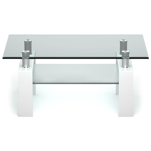 Topbuy Pieds en Métal Moderne Table d'Extrémité Rectangulaire Table Basse en Verre W / Étagère Inférieure pour Salon Blanc