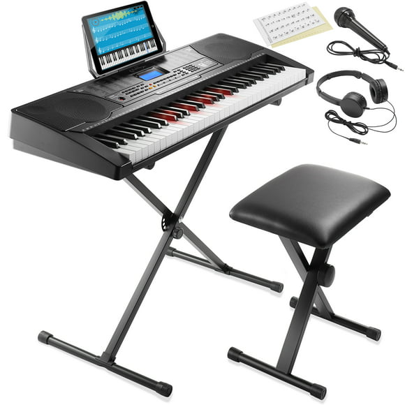 Ashthorpe 61-Key Digital Electronic Keyboard Piano Full-Size Light Up Keys, Beginner Kit with Stand, Stool, Headphones, Microphone and Keynote Stickers