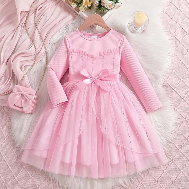 Vestido de manga larga con cuello redondo para niña, de moda, de color liso, con lazo y malla, con cinturón