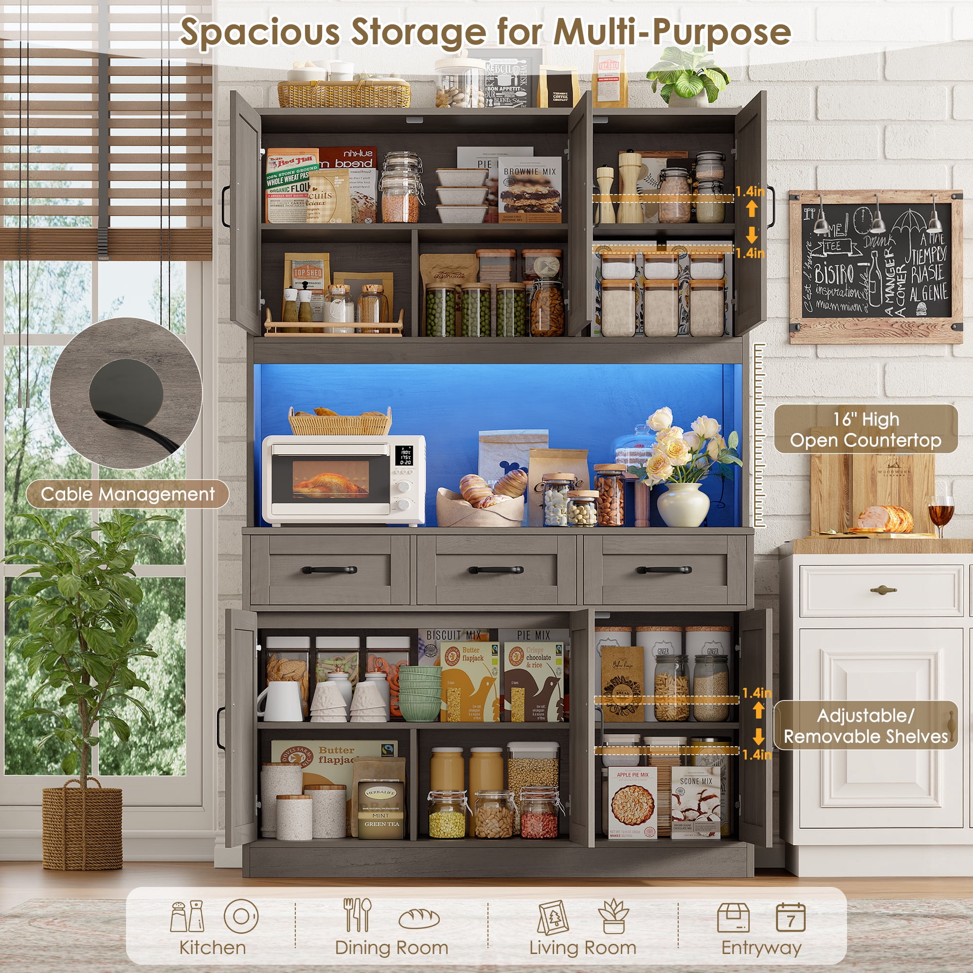 Hiphuta 72" Tall Kitchen Pantry Storgae Cabinet with RGB LED, Hutch Cabinet with Charging Station and Adjustable Shelves for Dining Room, Gray