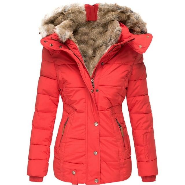 Fashnice Manteau Femme Couleur Unie Veste Épaisse à Fermeture Éclair Ajustée à Capuche Rouge P